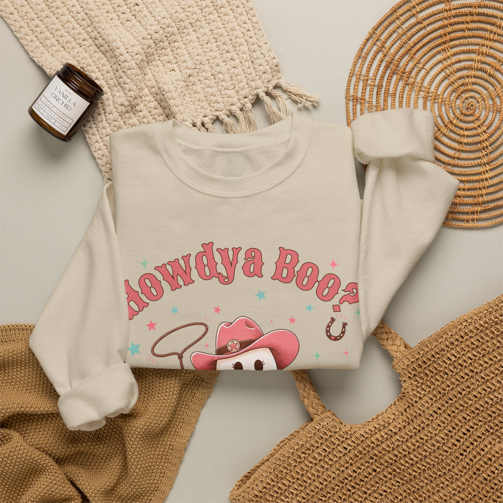 Crewneck Sweatshirt — “Howdya Boo?” Cute Western Cowboy Cowgirl Ghost Halloween Pullover