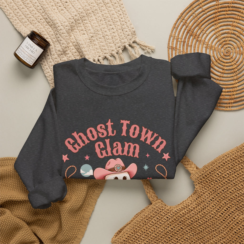 Crewneck Sweatshirt — “Ghost Town Glam” Cute Western Cowboy Cowgirl Ghost Halloween Pullover