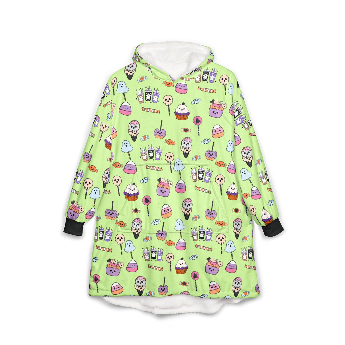 Cute Halloween Treats Pattern Hooded Blanket | Ghosts, Cupcakes, Lollipops, Ice Cream