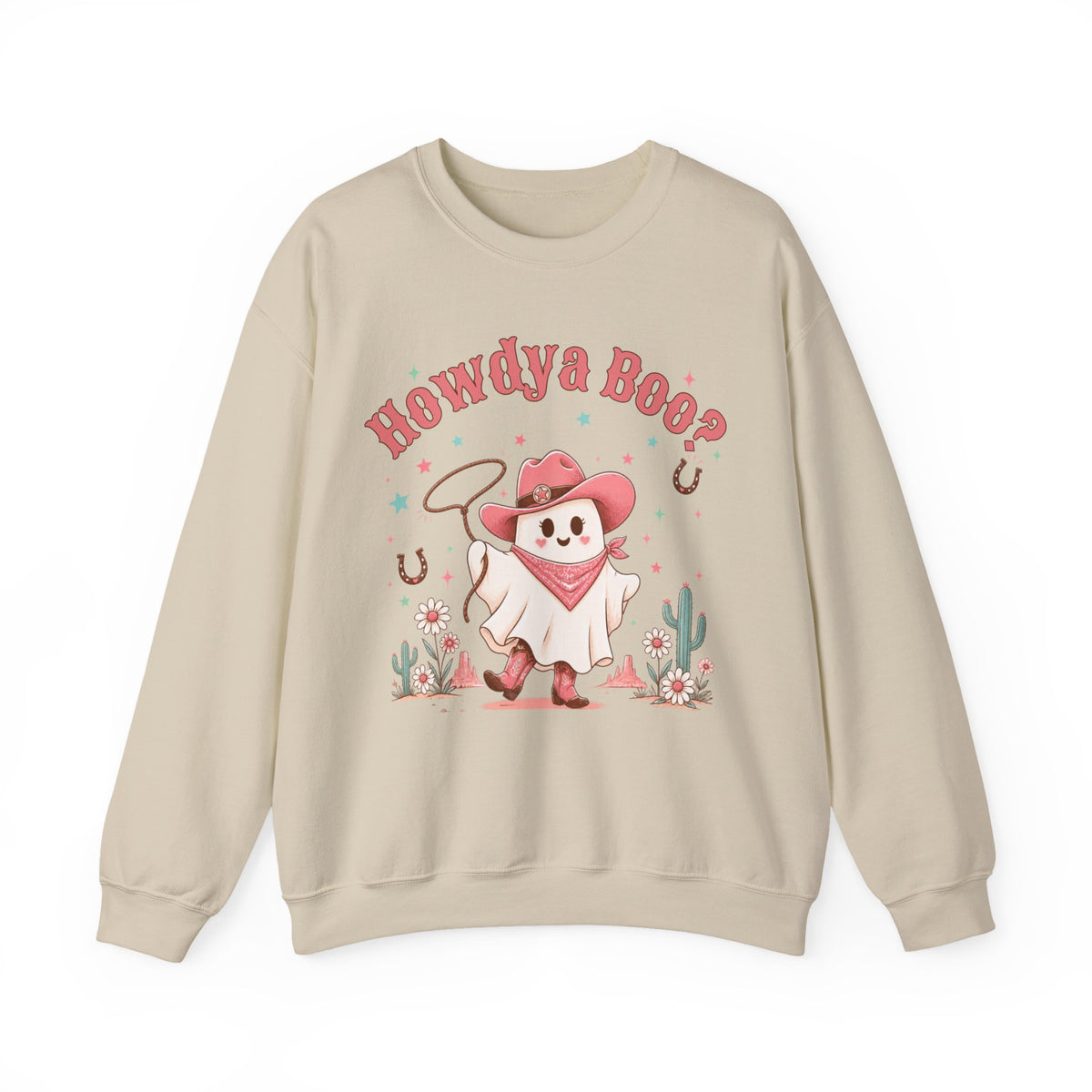 Crewneck Sweatshirt — “Howdya Boo?” Cute Western Cowboy Cowgirl Ghost Halloween Pullover