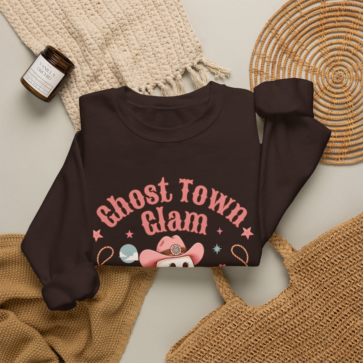 Crewneck Sweatshirt — “Ghost Town Glam” Cute Western Cowboy Cowgirl Ghost Halloween Pullover