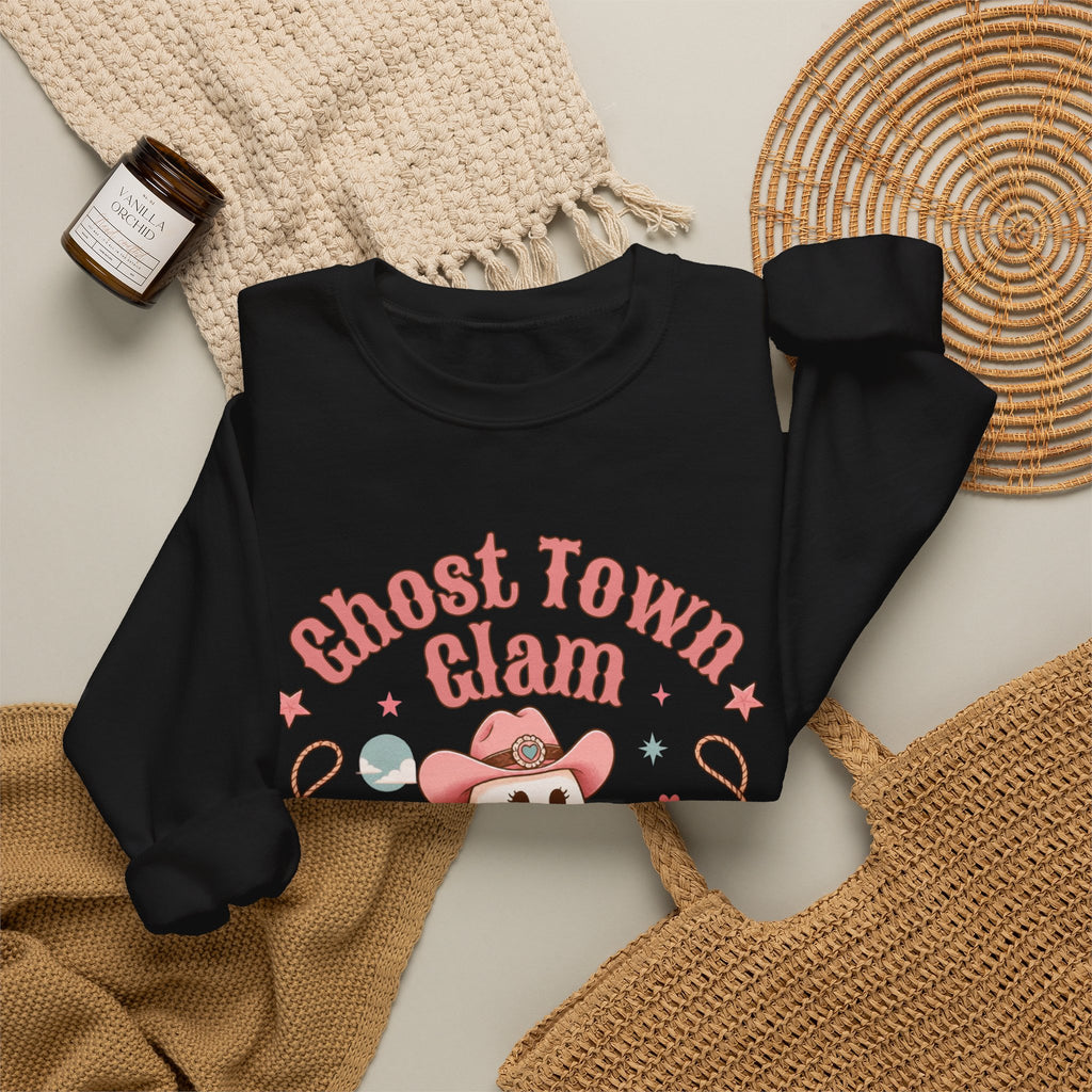 Crewneck Sweatshirt — “Ghost Town Glam” Cute Western Cowboy Cowgirl Ghost Halloween Pullover