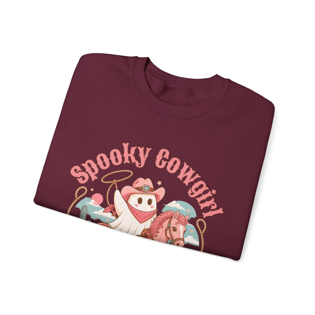 Crewneck Sweatshirt — “Spooky Cowgirl” Cute Western Cowboy Cowgirl Ghost Halloween Pullover