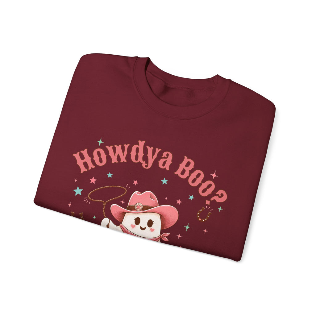 Crewneck Sweatshirt — “Howdya Boo?” Cute Western Cowboy Cowgirl Ghost Halloween Pullover