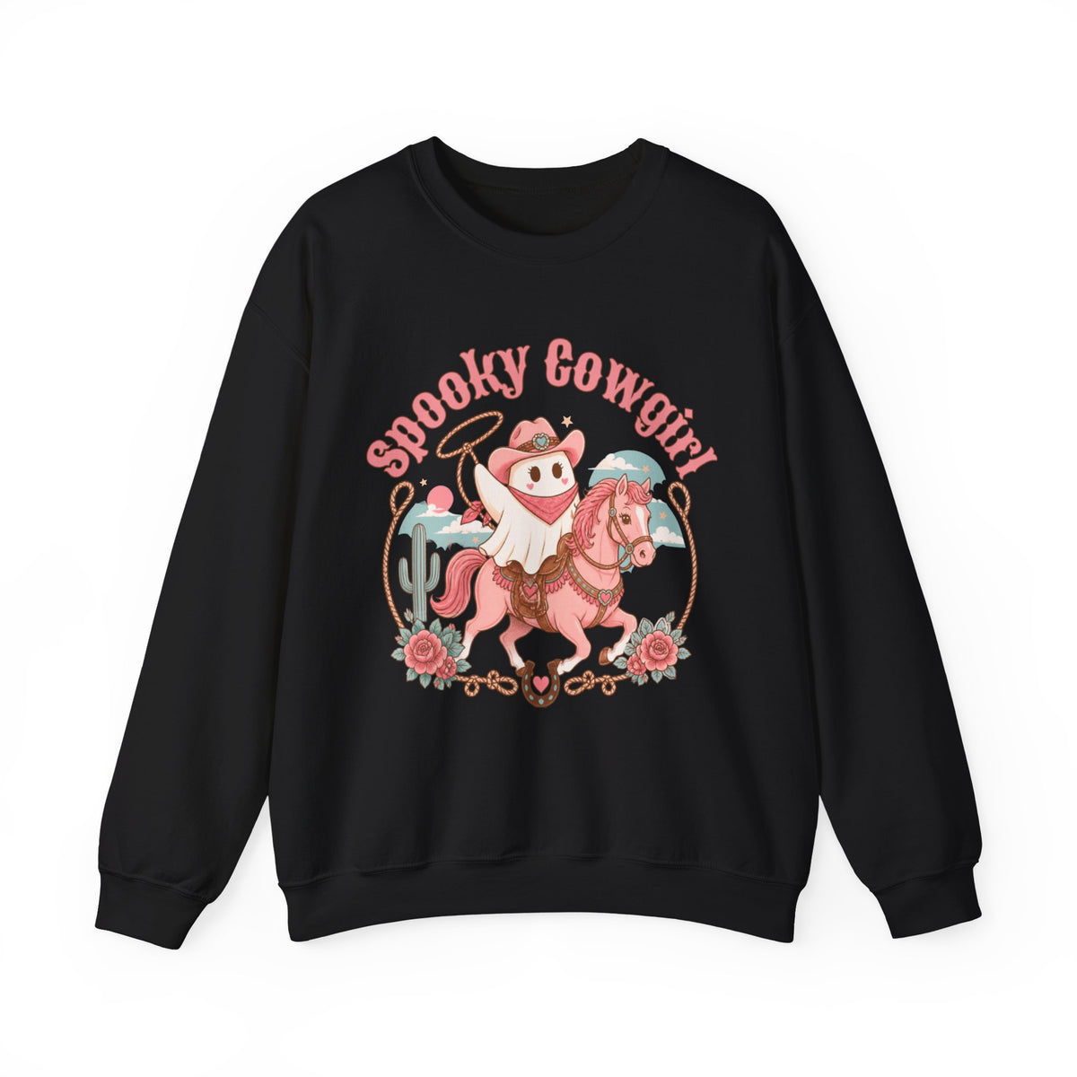 Crewneck Sweatshirt — “Spooky Cowgirl” Cute Western Cowboy Cowgirl Ghost Halloween Pullover