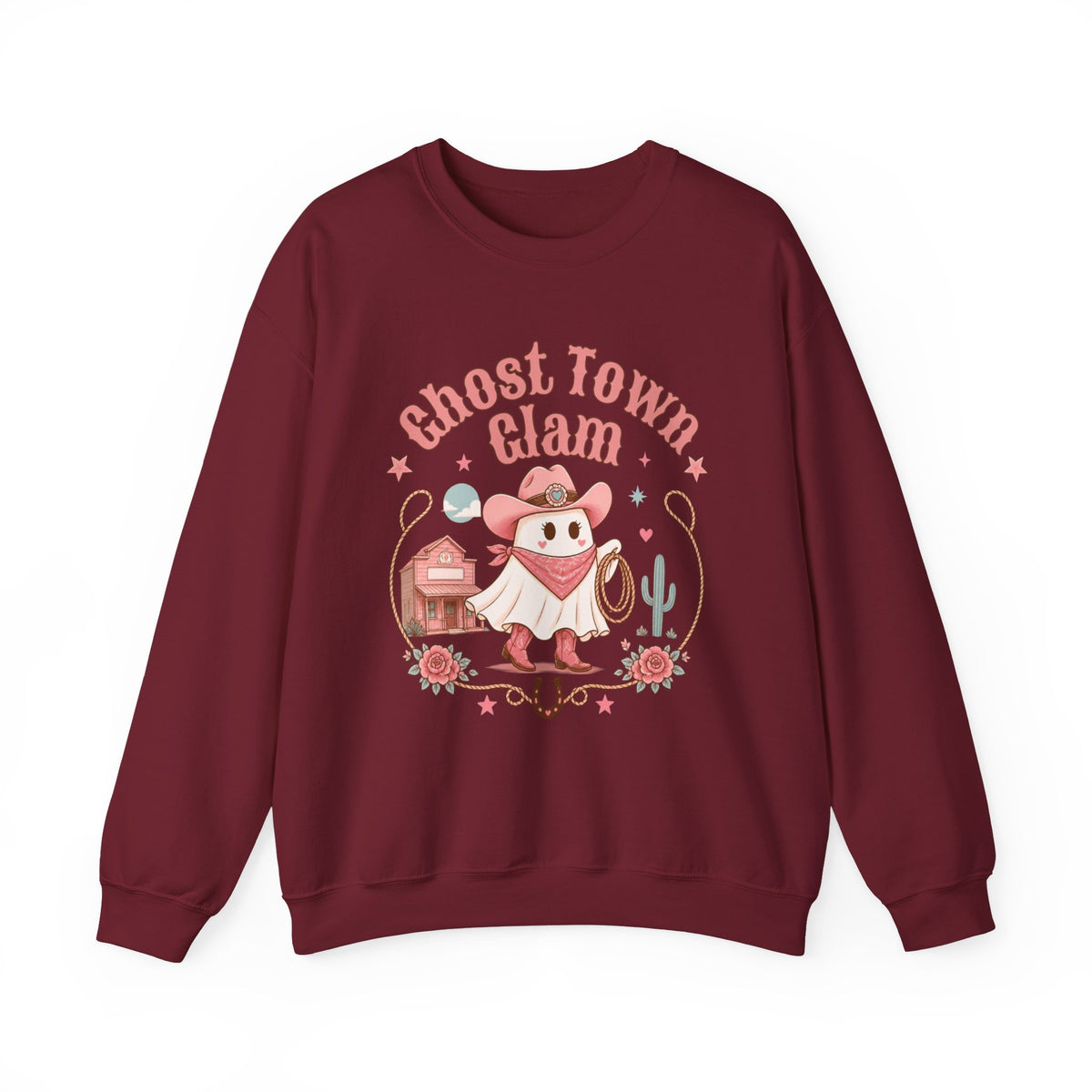 Crewneck Sweatshirt — “Ghost Town Glam” Cute Western Cowboy Cowgirl Ghost Halloween Pullover