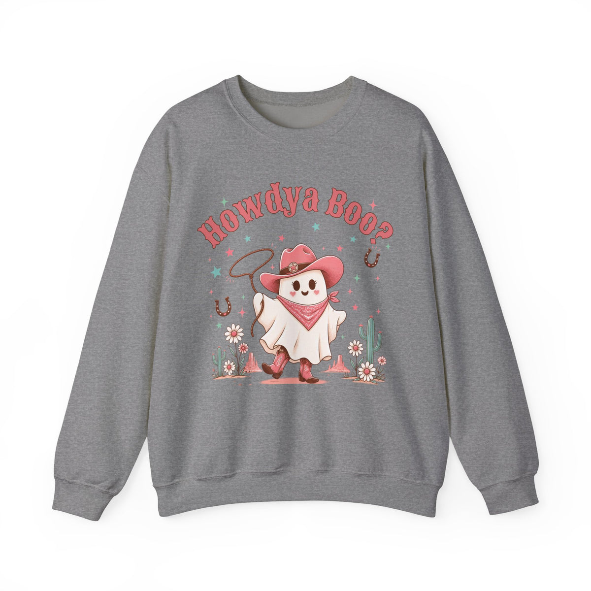 Crewneck Sweatshirt — “Howdya Boo?” Cute Western Cowboy Cowgirl Ghost Halloween Pullover