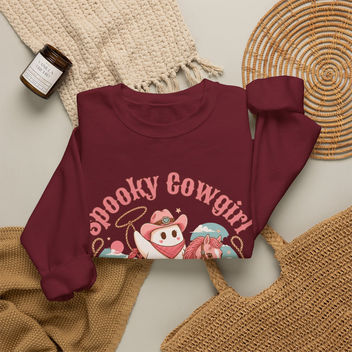 Crewneck Sweatshirt — “Spooky Cowgirl” Cute Western Cowboy Cowgirl Ghost Halloween Pullover