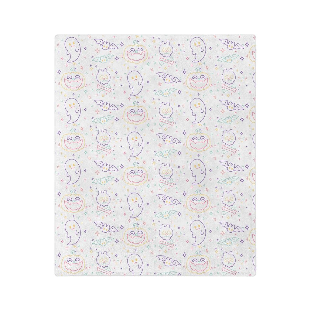 Kawaii Halloween Pattern Velveteen Microfiber Blanket | Pastel Halloween Neon Ghosts Bats Pumpkin Skull