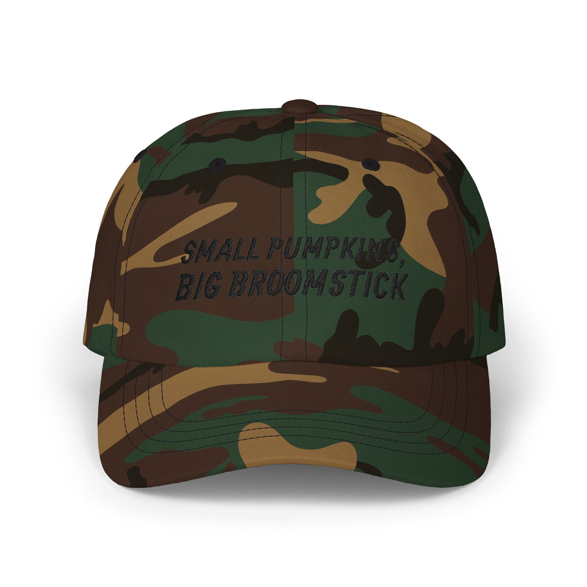 Small Pumpkins Big Broomstick Dad Cap | Funny Halloween Pun Mens Humor | Embroidered Slogan Baseball Hat