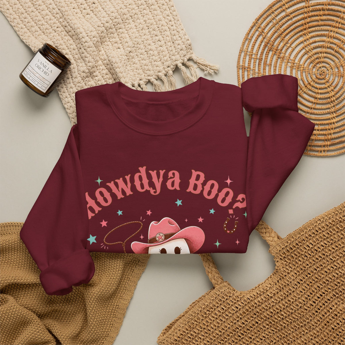 Crewneck Sweatshirt — “Howdya Boo?” Cute Western Cowboy Cowgirl Ghost Halloween Pullover