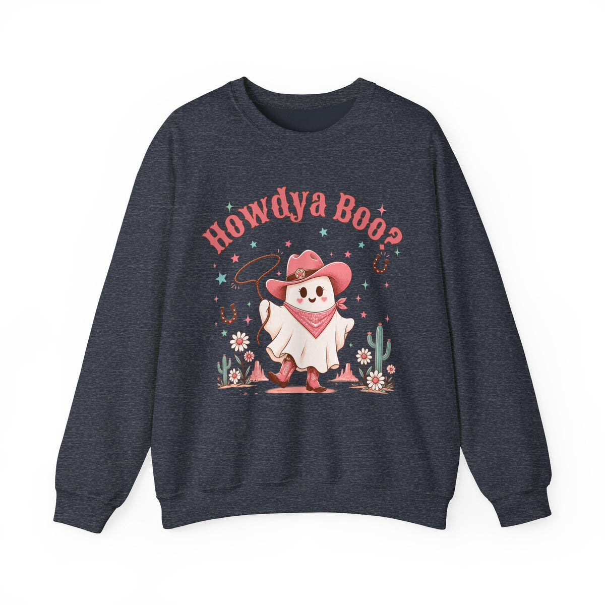 Crewneck Sweatshirt — “Howdya Boo?” Cute Western Cowboy Cowgirl Ghost Halloween Pullover