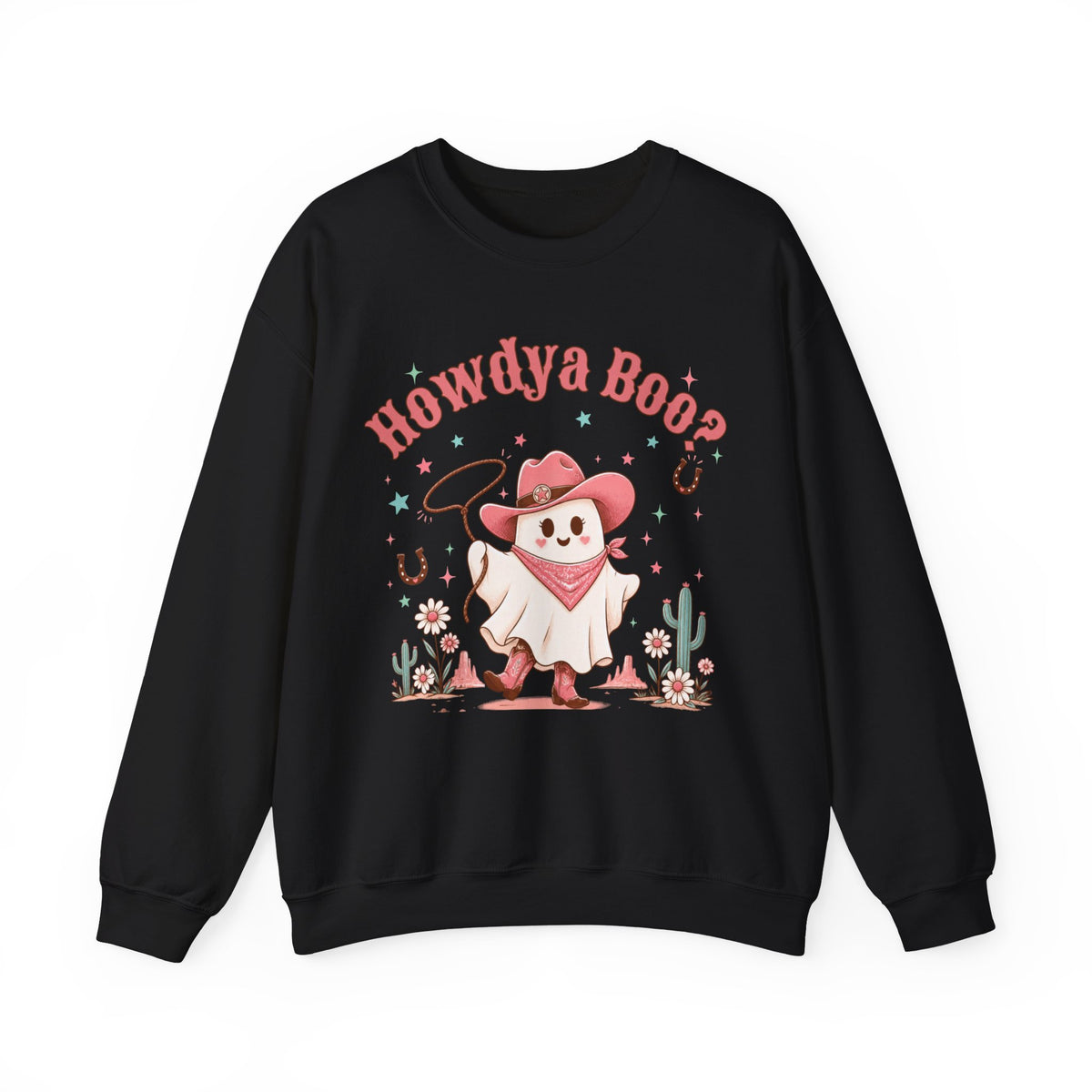 Crewneck Sweatshirt — “Howdya Boo?” Cute Western Cowboy Cowgirl Ghost Halloween Pullover
