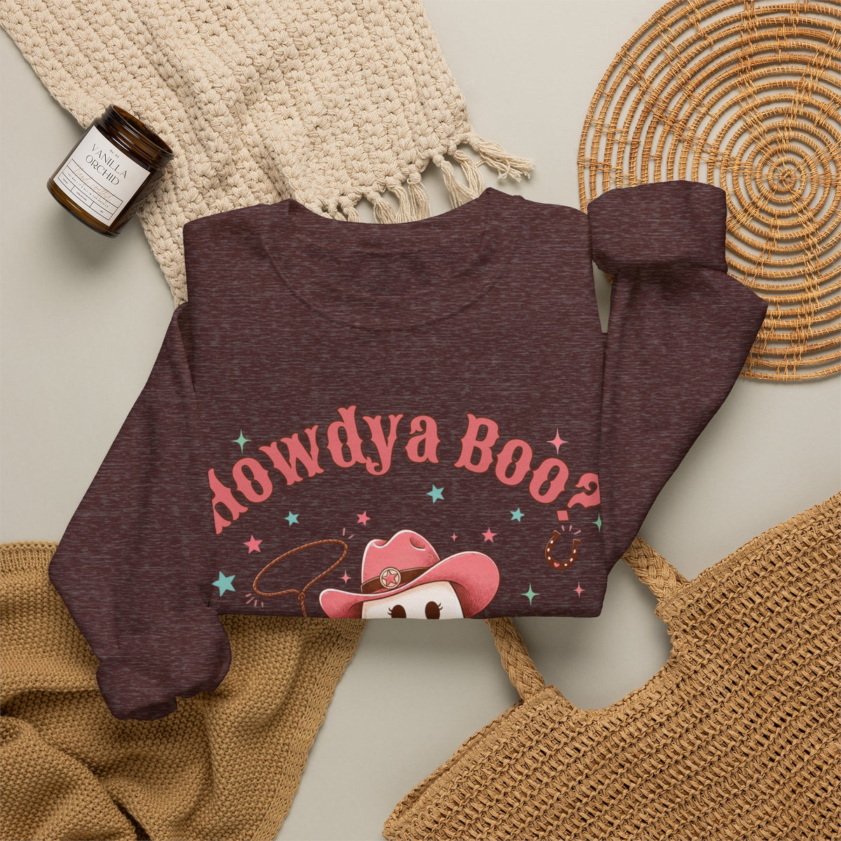 Crewneck Sweatshirt — “Howdya Boo?” Cute Western Cowboy Cowgirl Ghost Halloween Pullover