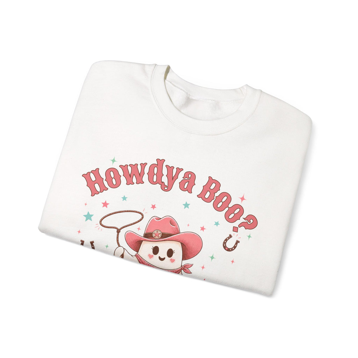 Crewneck Sweatshirt — “Howdya Boo?” Cute Western Cowboy Cowgirl Ghost Halloween Pullover