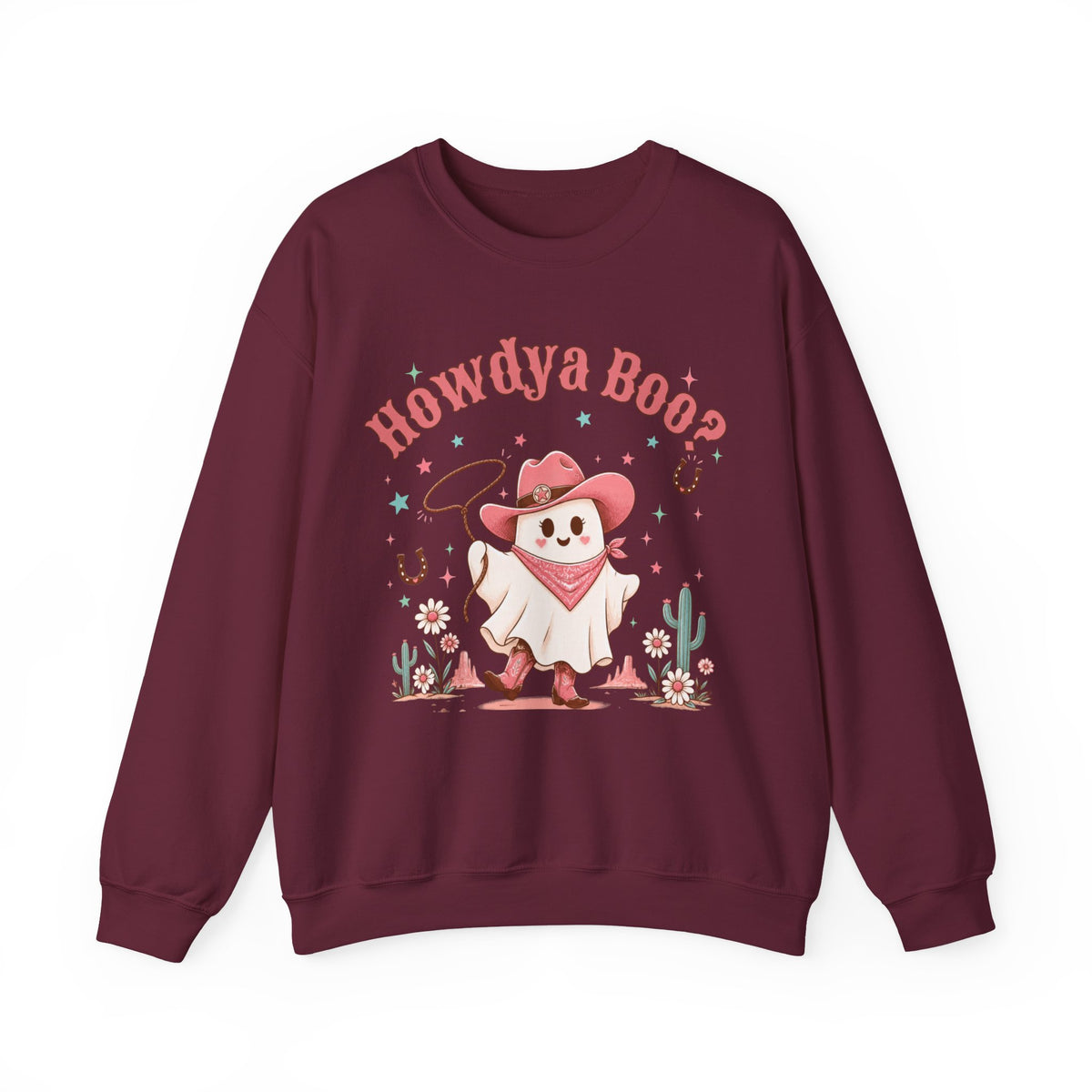 Crewneck Sweatshirt — “Howdya Boo?” Cute Western Cowboy Cowgirl Ghost Halloween Pullover