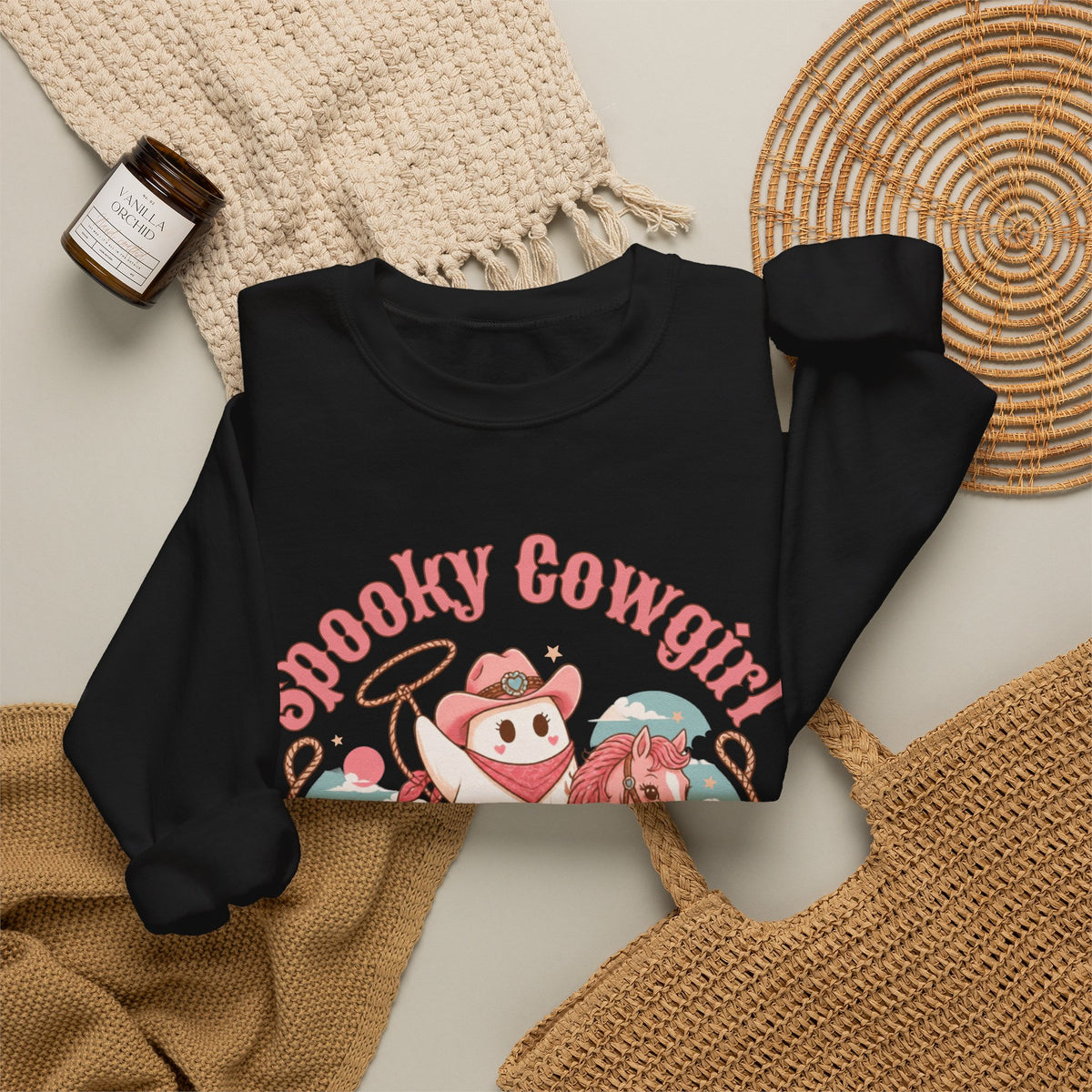 Crewneck Sweatshirt — “Spooky Cowgirl” Cute Western Cowboy Cowgirl Ghost Halloween Pullover