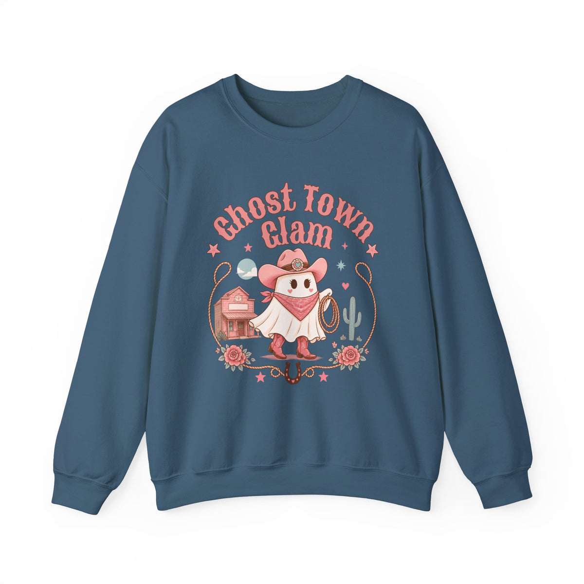 Crewneck Sweatshirt — “Ghost Town Glam” Cute Western Cowboy Cowgirl Ghost Halloween Pullover