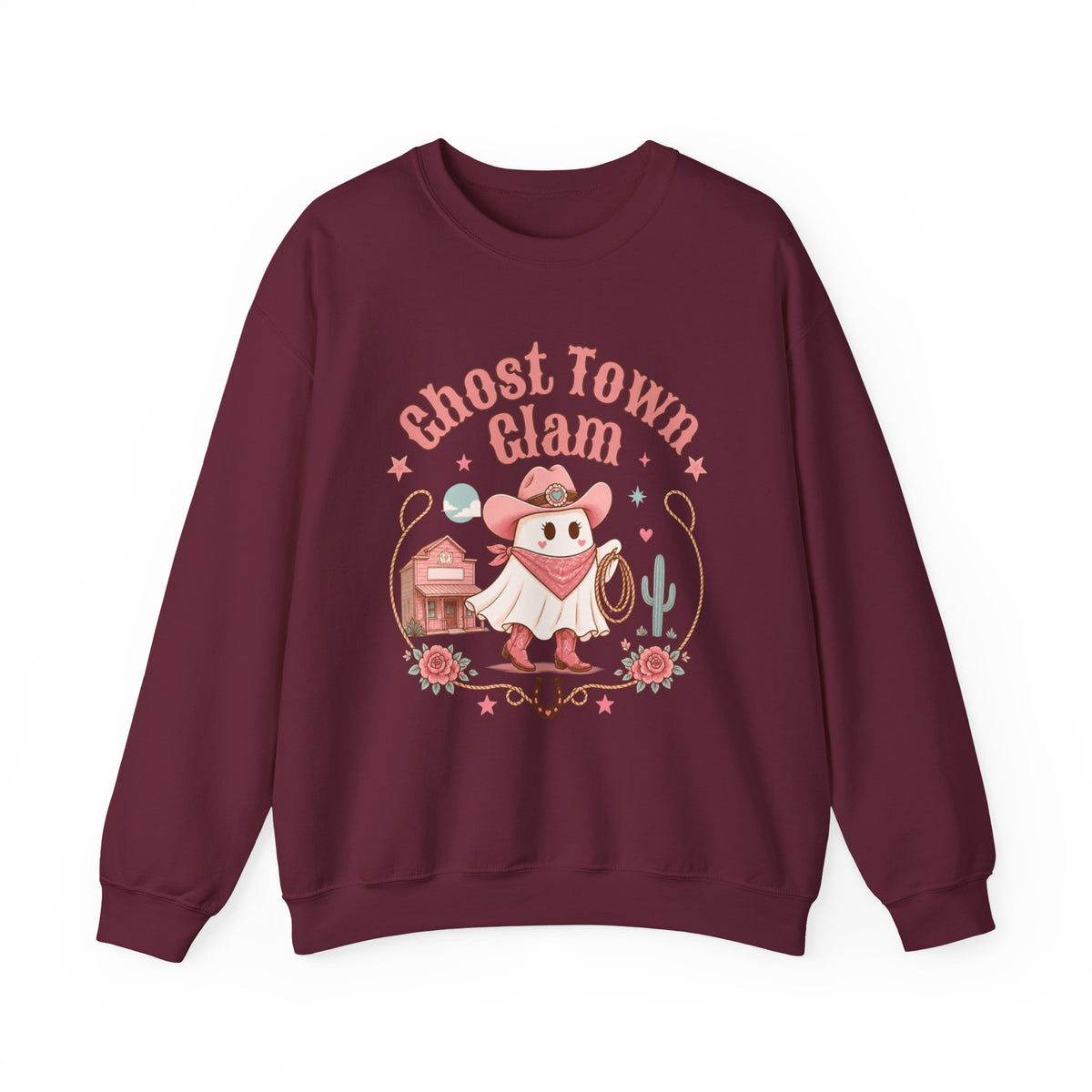 Crewneck Sweatshirt — “Ghost Town Glam” Cute Western Cowboy Cowgirl Ghost Halloween Pullover