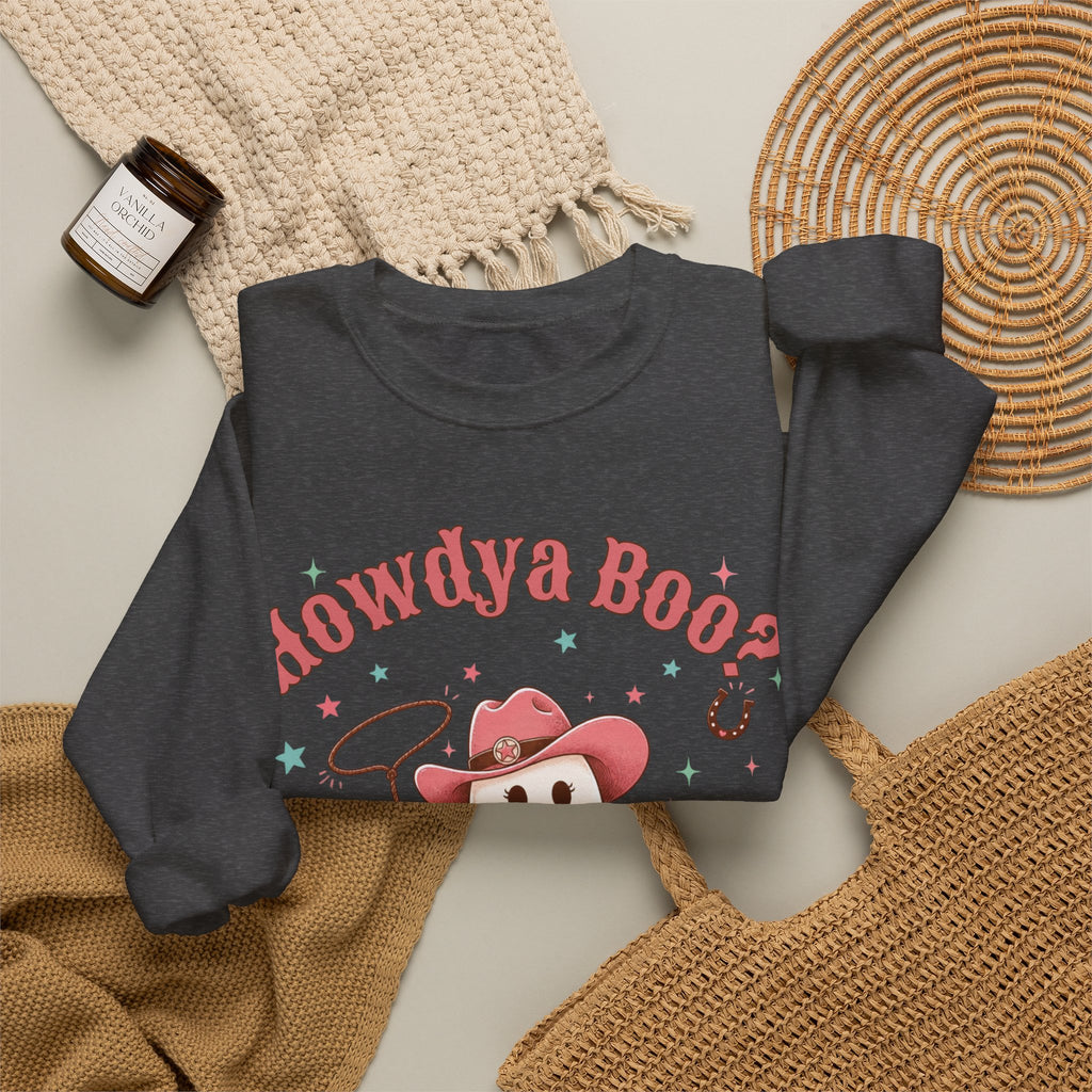Crewneck Sweatshirt — “Howdya Boo?” Cute Western Cowboy Cowgirl Ghost Halloween Pullover