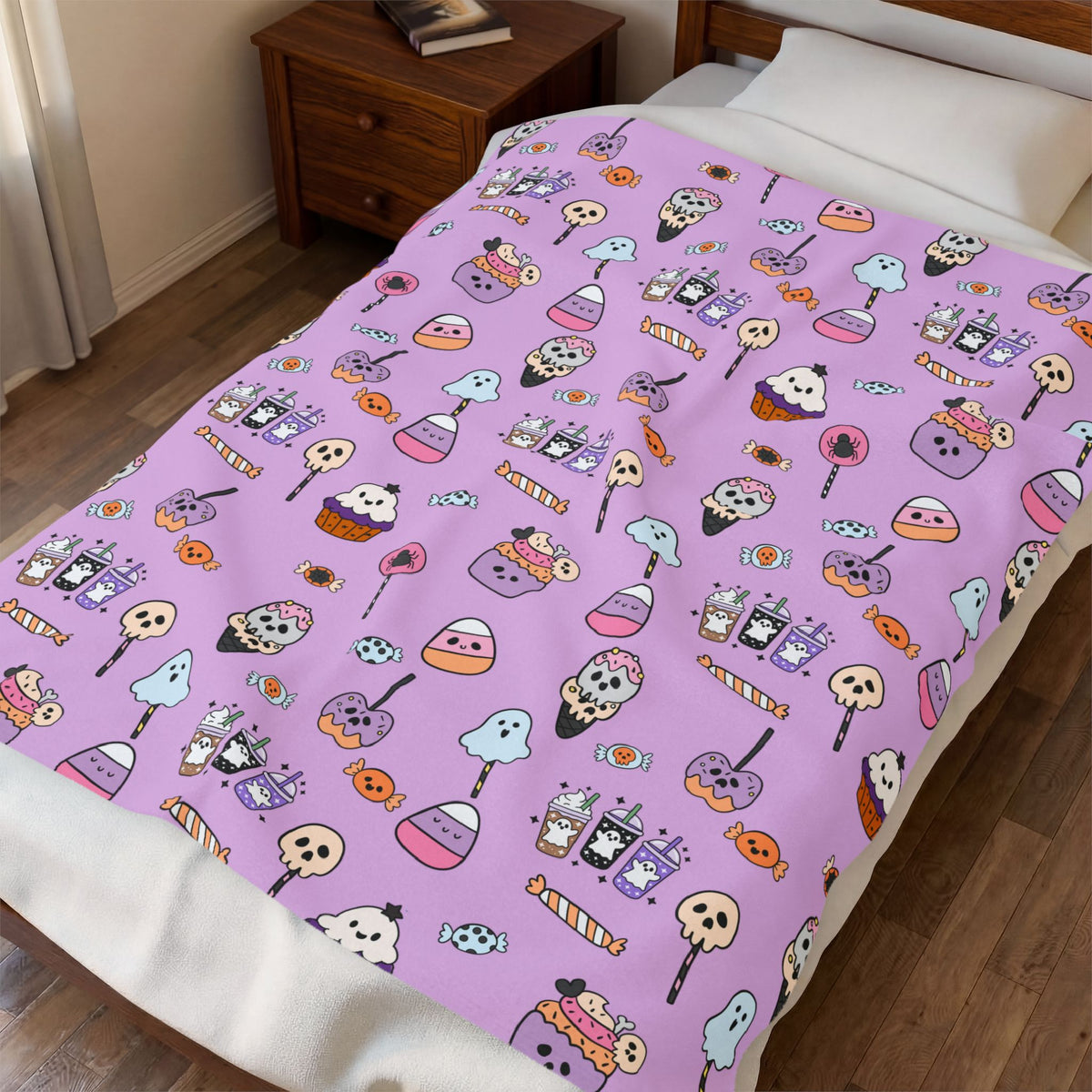 Cute Halloween Candy Pattern Velveteen Plush Blanket | Ghosts, Candy Corn, Cupcakes