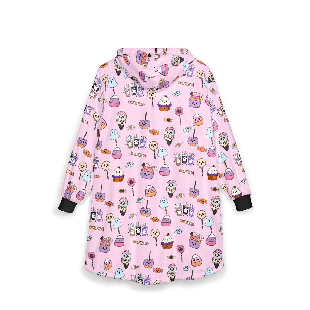 Cute Halloween Treats Hooded Blanket | Candy Pattern, Pink Cozy Wearable Blanket