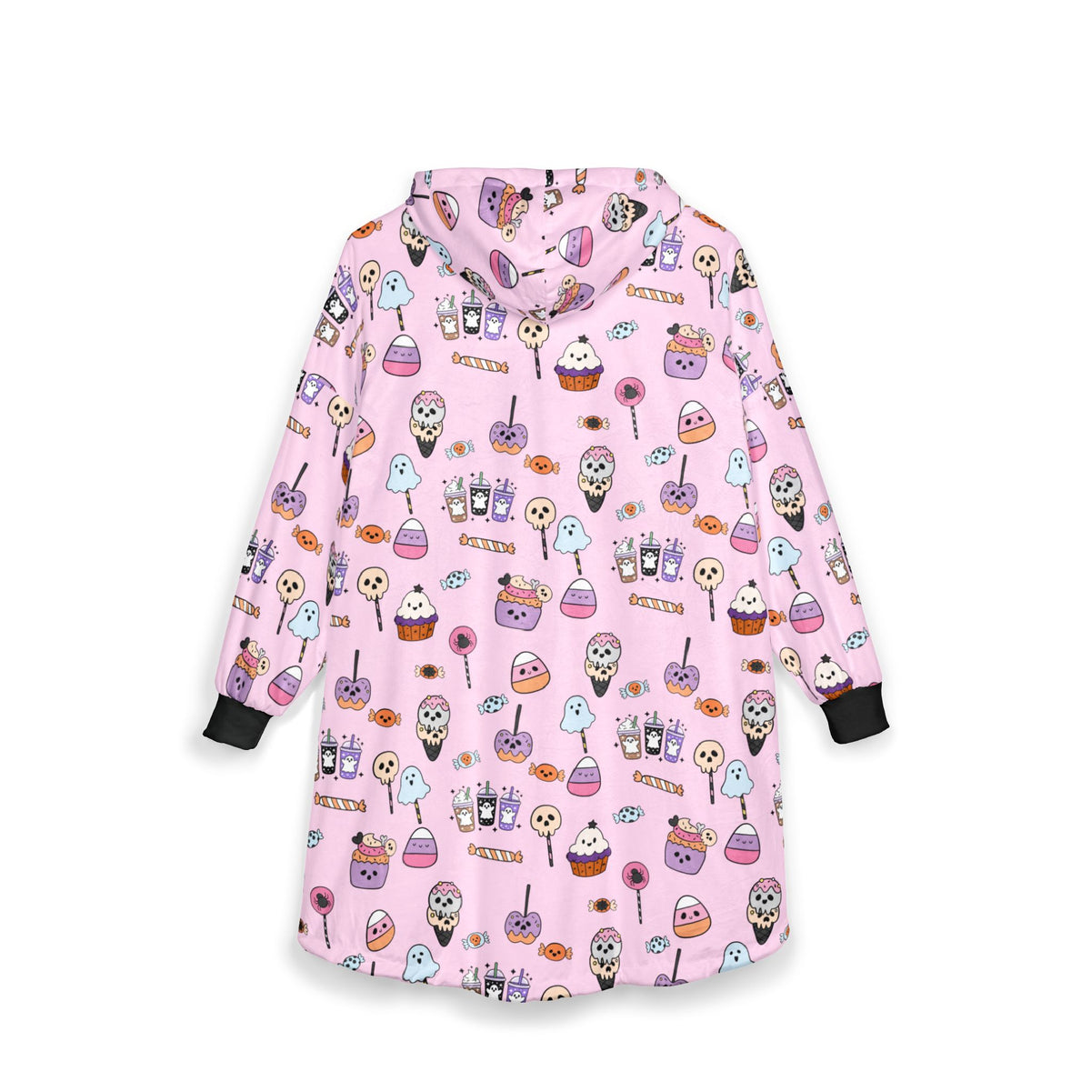Cute Halloween Treats Hooded Blanket | Candy Pattern, Pink Cozy Wearable Blanket
