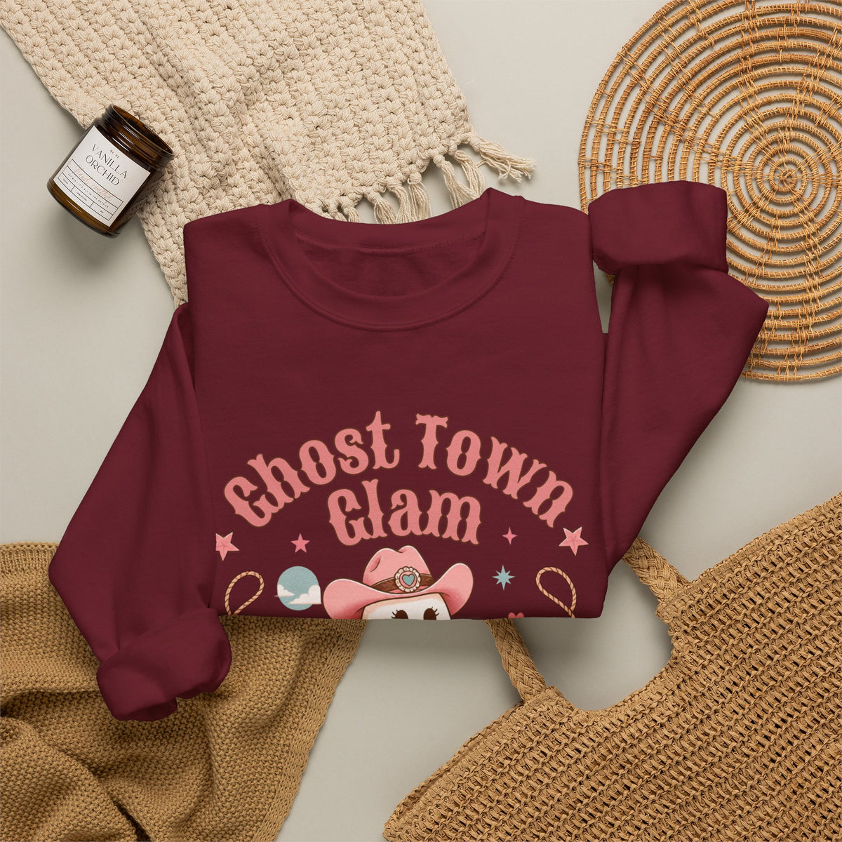 Crewneck Sweatshirt — “Ghost Town Glam” Cute Western Cowboy Cowgirl Ghost Halloween Pullover