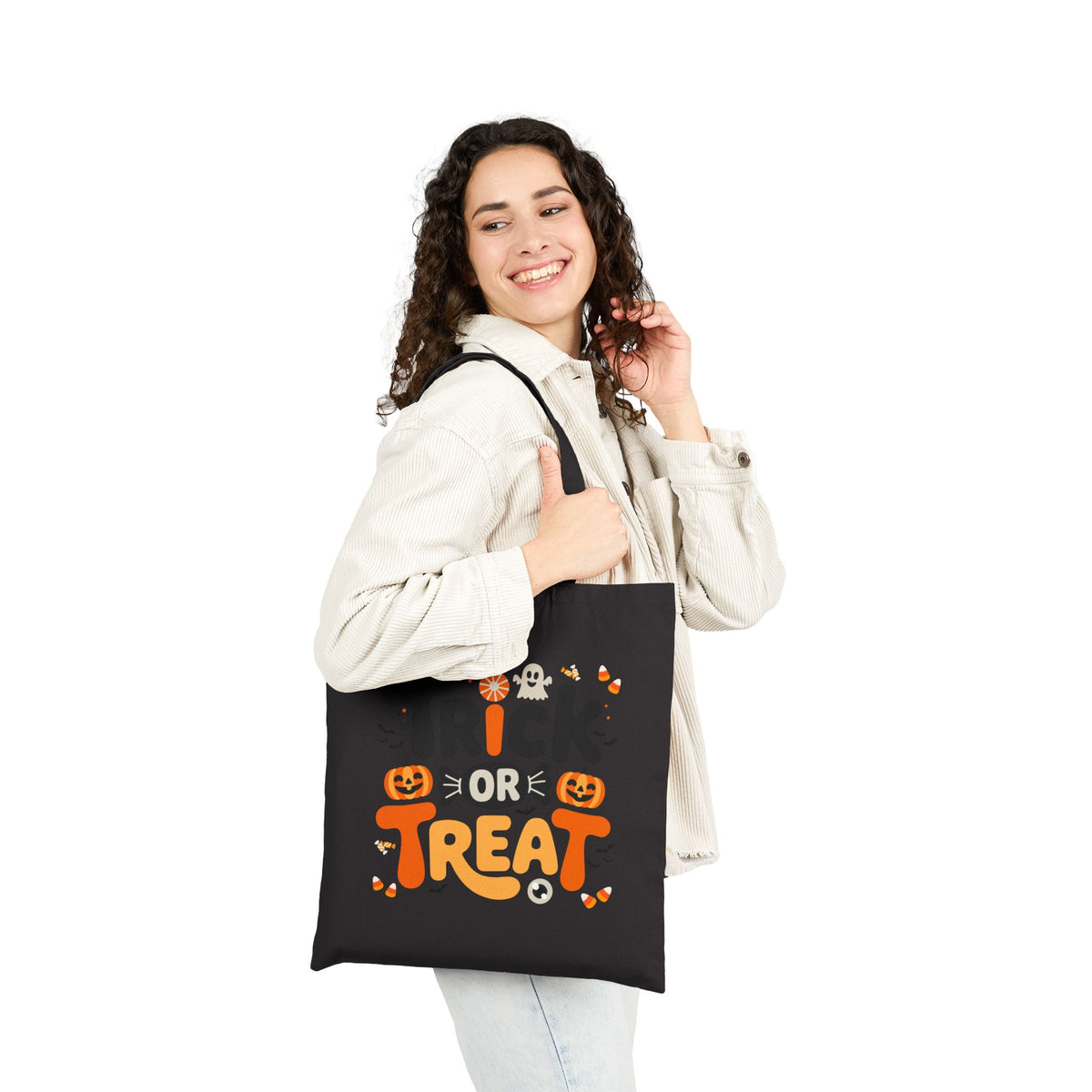 Halloween Trick or Treat Canvas Tote — Cotton Candycorn Pumpkin Bat Reusable Bag