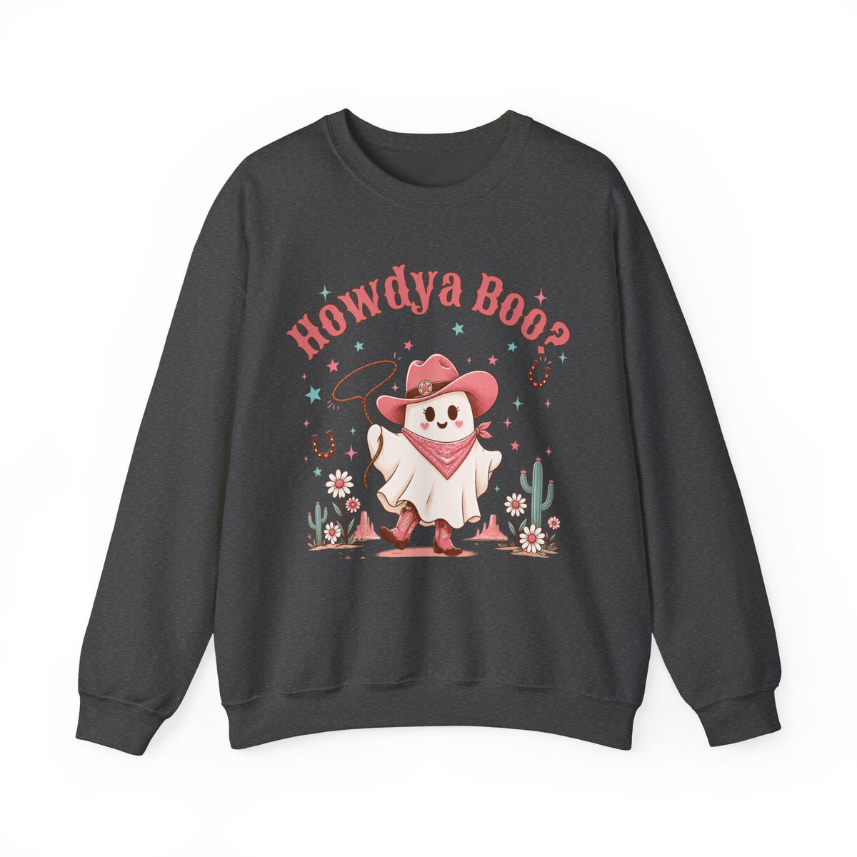 Crewneck Sweatshirt — “Howdya Boo?” Cute Western Cowboy Cowgirl Ghost Halloween Pullover