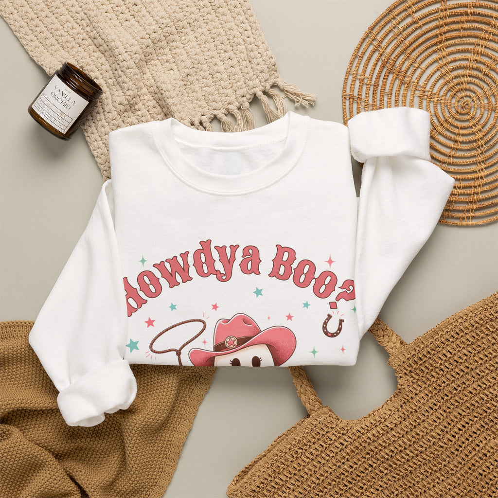 Crewneck Sweatshirt — “Howdya Boo?” Cute Western Cowboy Cowgirl Ghost Halloween Pullover
