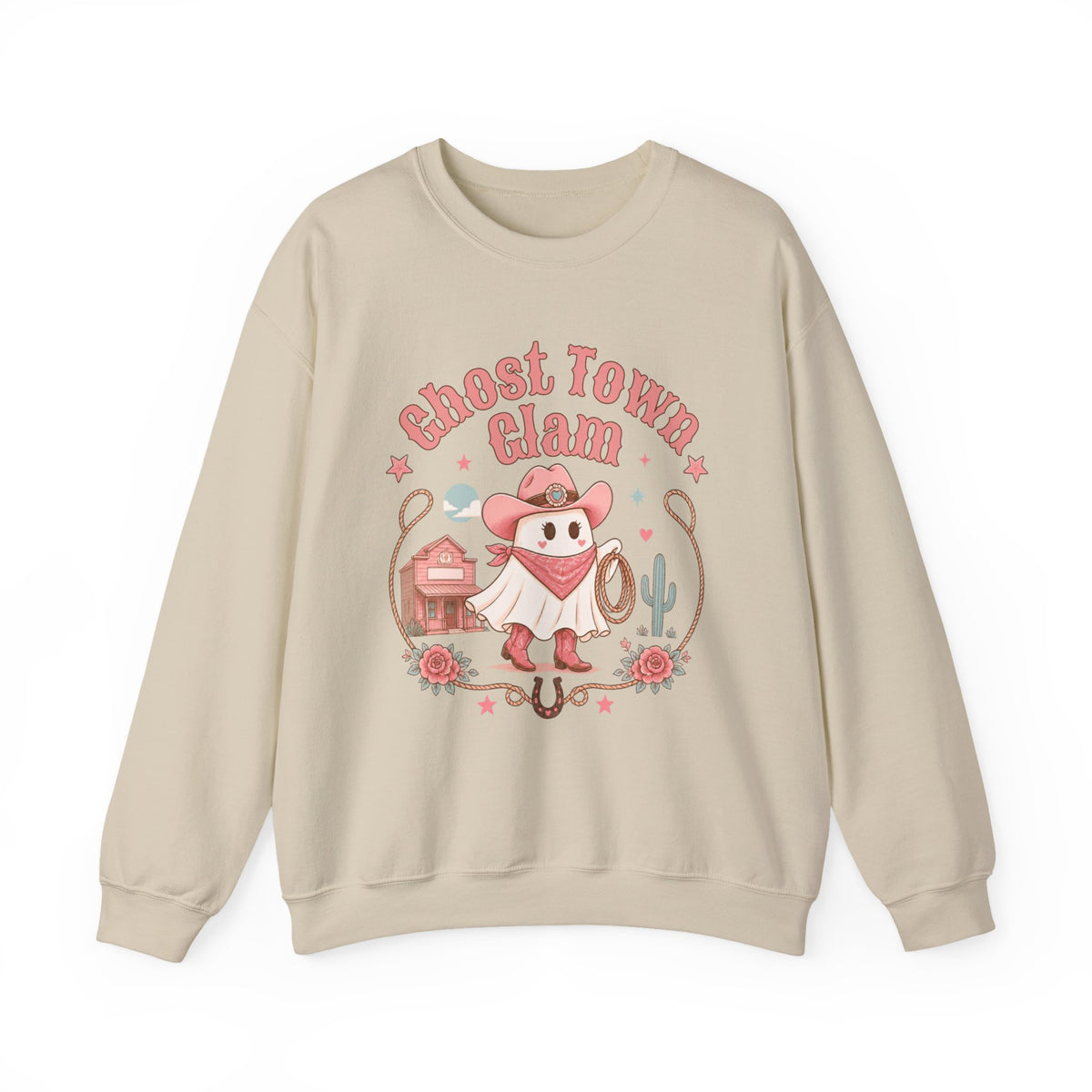 Crewneck Sweatshirt — “Ghost Town Glam” Cute Western Cowboy Cowgirl Ghost Halloween Pullover