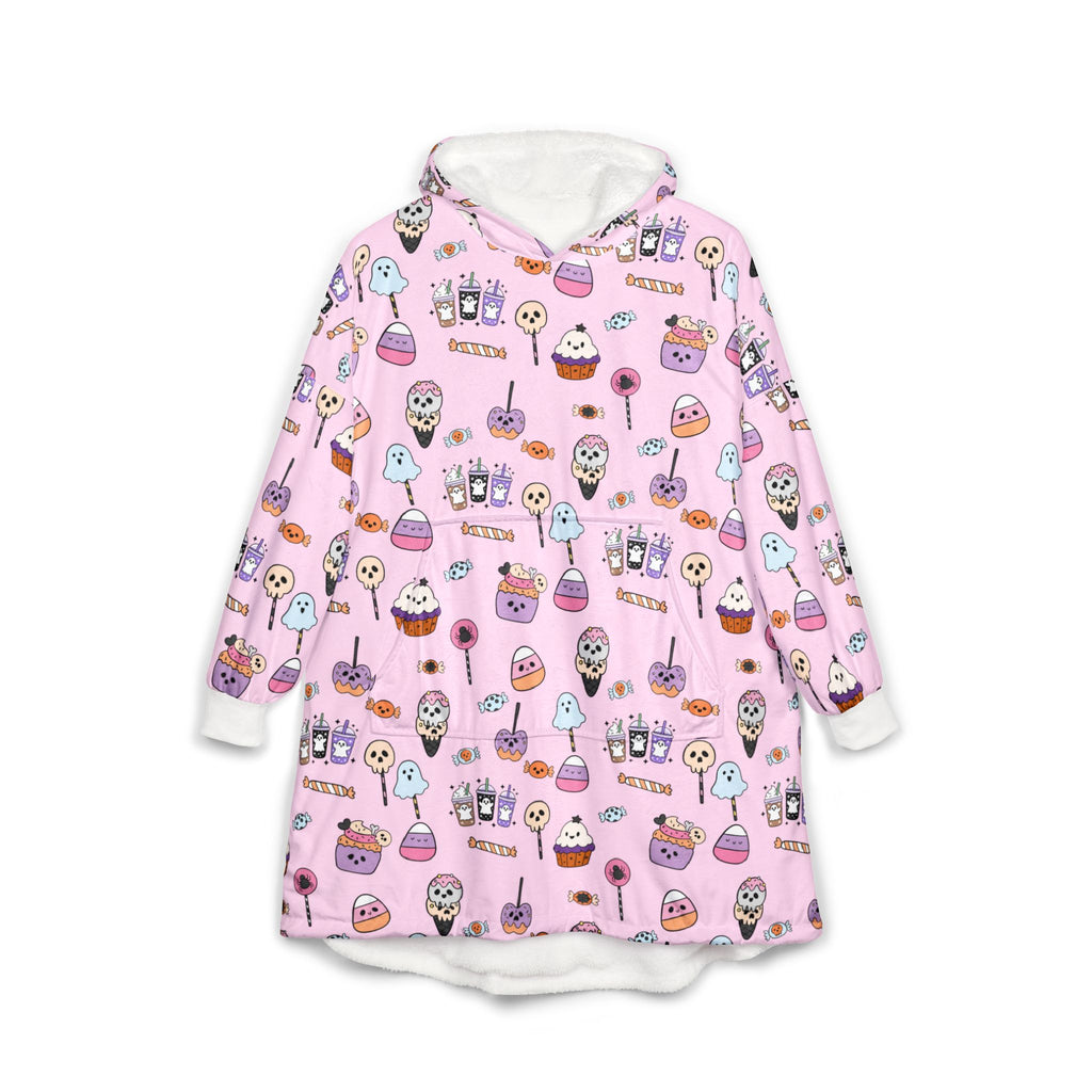 Cute Halloween Treats Hooded Blanket | Candy Pattern, Pink Cozy Wearable Blanket