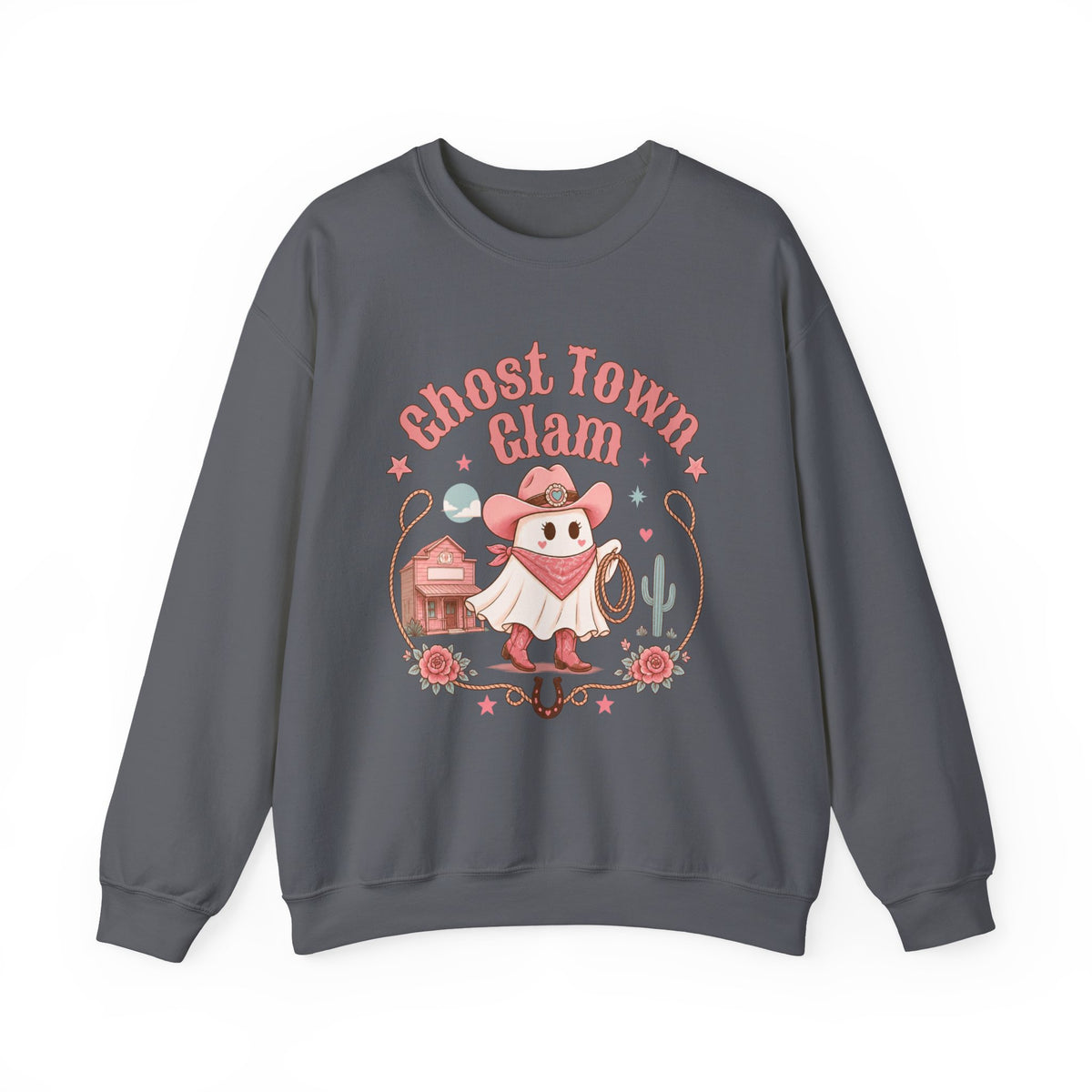 Crewneck Sweatshirt — “Ghost Town Glam” Cute Western Cowboy Cowgirl Ghost Halloween Pullover