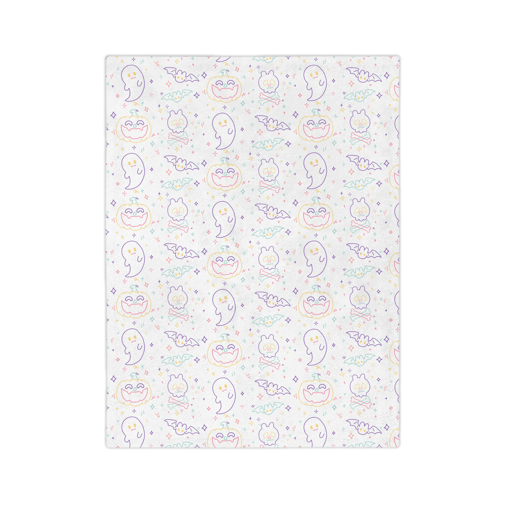 Kawaii Halloween Pattern Velveteen Microfiber Blanket | Pastel Halloween Neon Ghosts Bats Pumpkin Skull