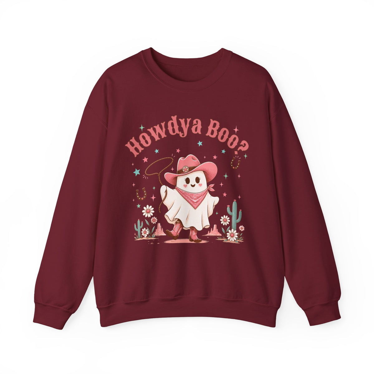 Crewneck Sweatshirt — “Howdya Boo?” Cute Western Cowboy Cowgirl Ghost Halloween Pullover