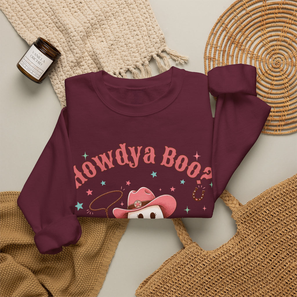 Crewneck Sweatshirt — “Howdya Boo?” Cute Western Cowboy Cowgirl Ghost Halloween Pullover