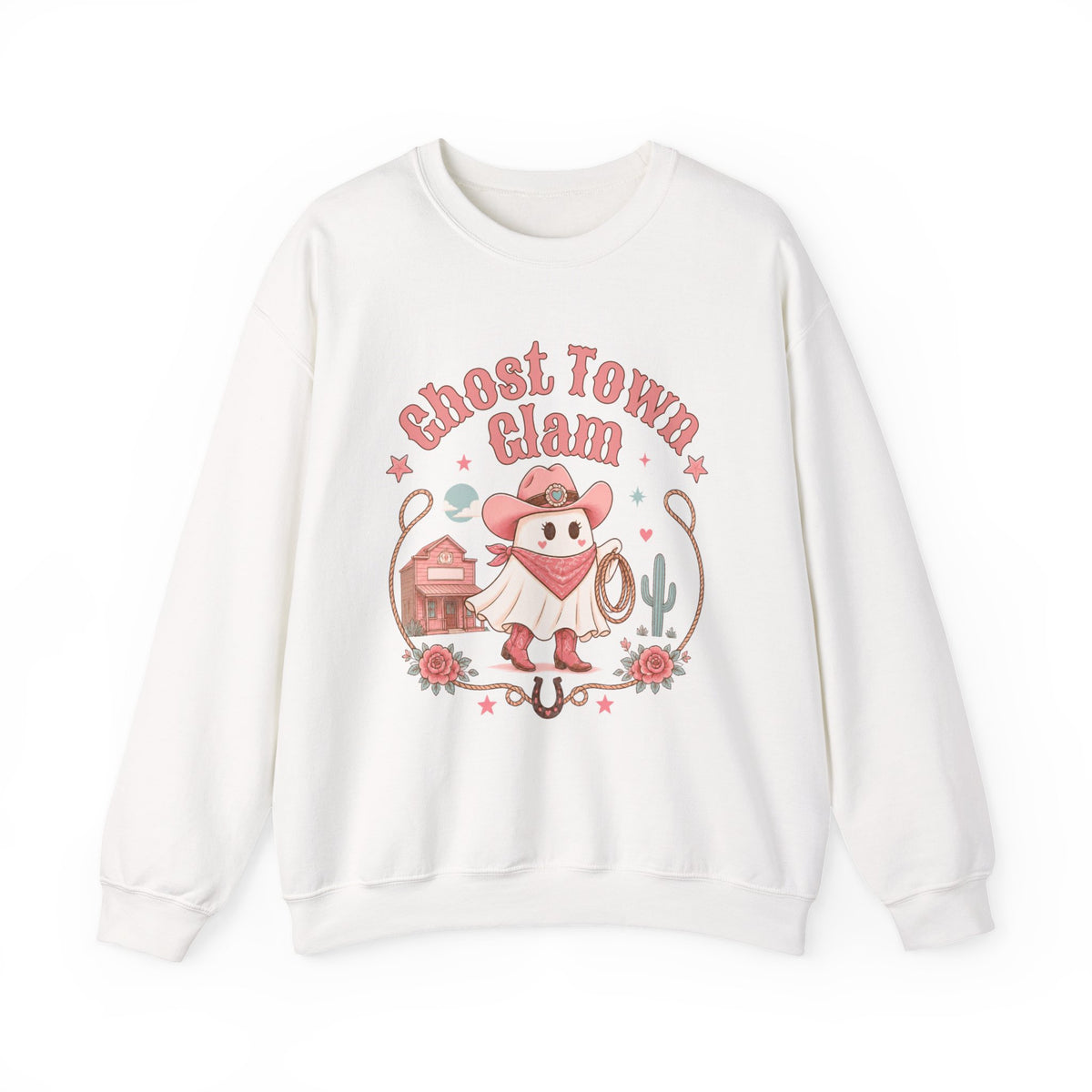 Crewneck Sweatshirt — “Ghost Town Glam” Cute Western Cowboy Cowgirl Ghost Halloween Pullover
