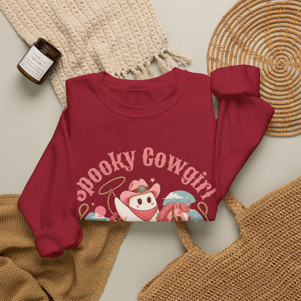 Crewneck Sweatshirt — “Spooky Cowgirl” Cute Western Cowboy Cowgirl Ghost Halloween Pullover