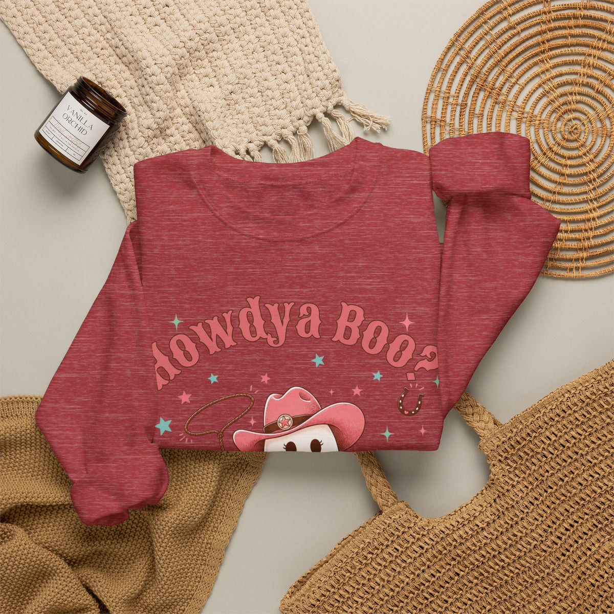 Crewneck Sweatshirt — “Howdya Boo?” Cute Western Cowboy Cowgirl Ghost Halloween Pullover