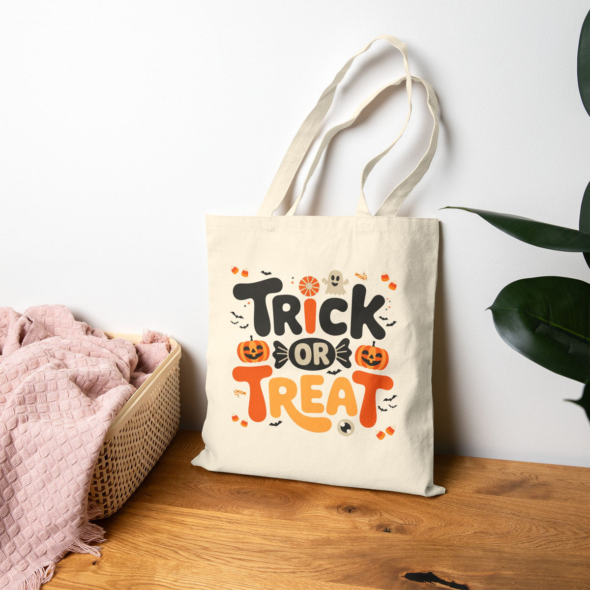 Halloween Trick or Treat Canvas Tote — Cotton Candycorn Pumpkin Bat Reusable Bag