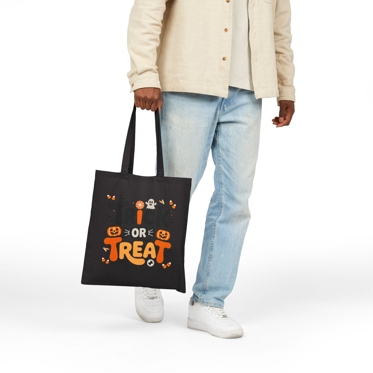 Halloween Trick or Treat Canvas Tote — Cotton Candycorn Pumpkin Bat Reusable Bag