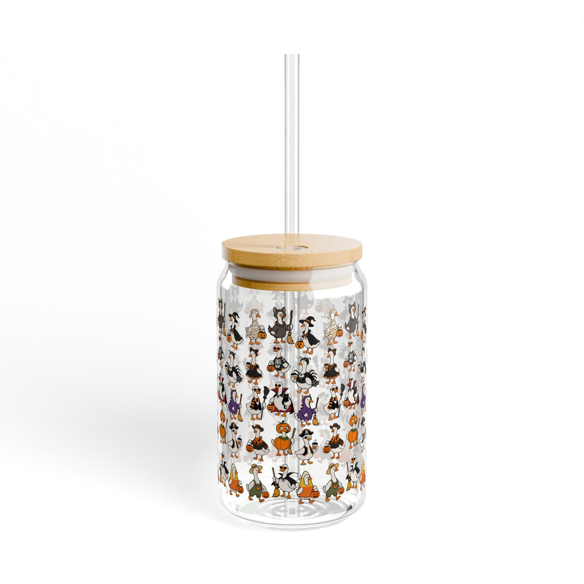 Halloween Ducks Geese Pattern Sipper Glass 16oz | Clear Straw Tumbler