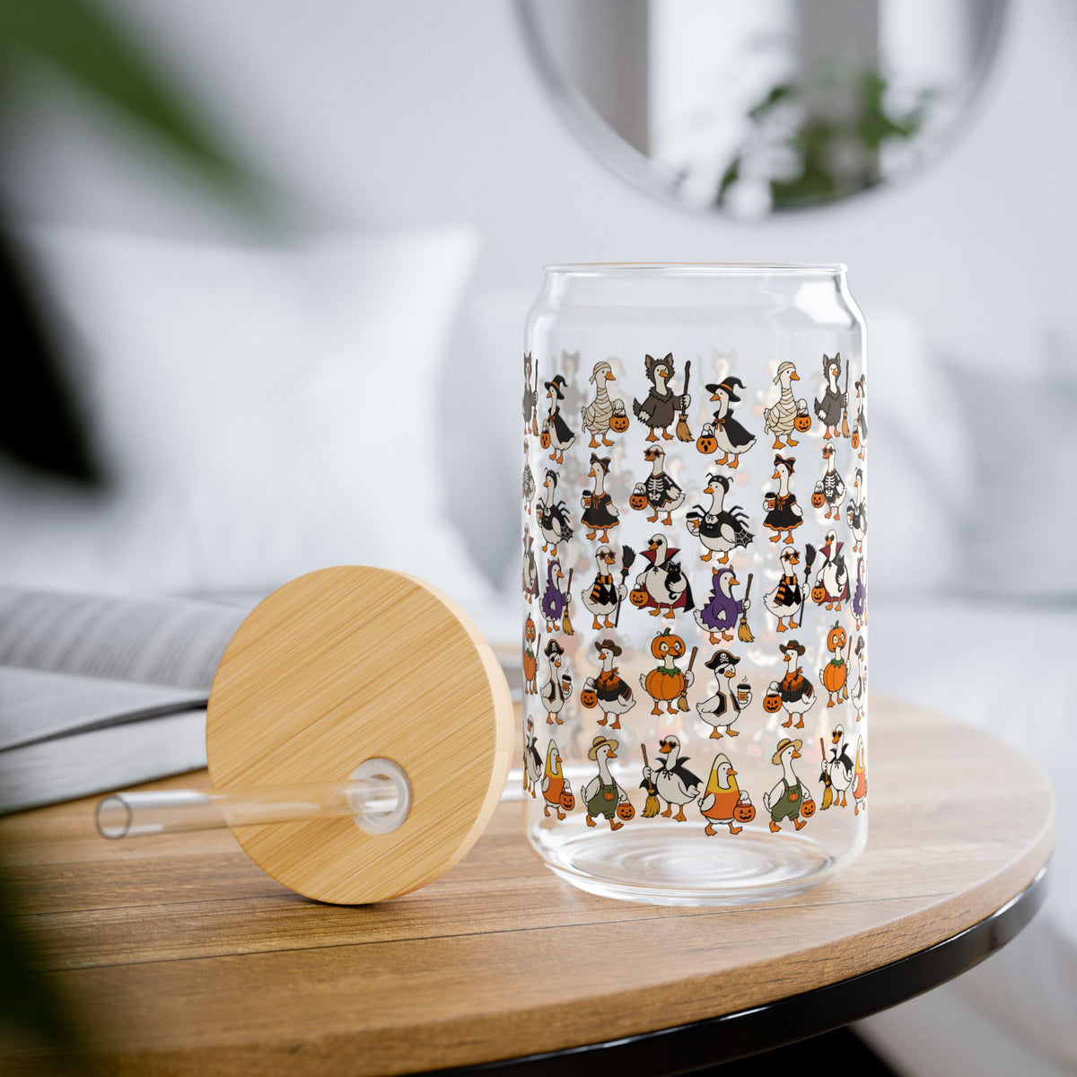 Halloween Ducks Geese Pattern Sipper Glass 16oz | Clear Straw Tumbler