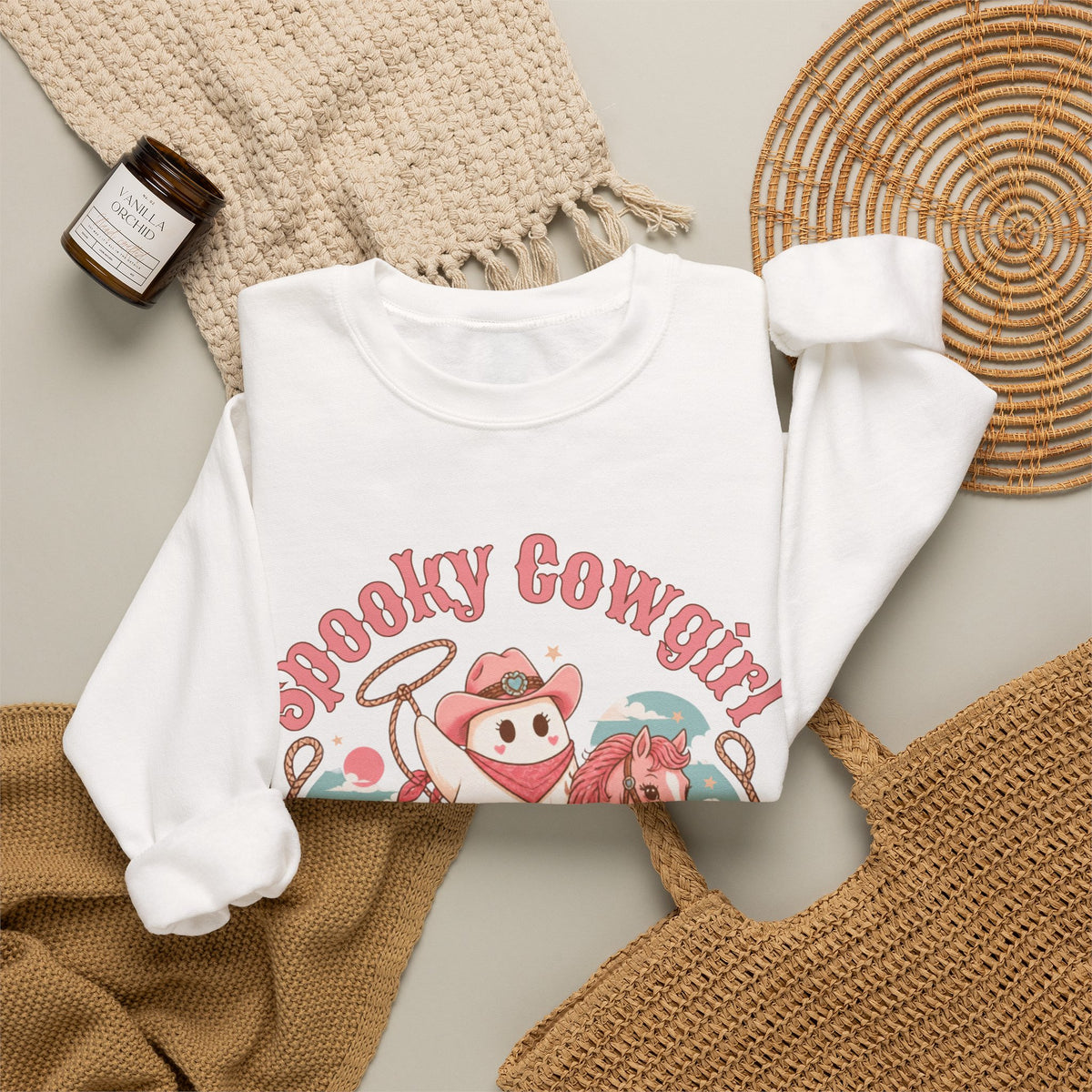 Crewneck Sweatshirt — “Spooky Cowgirl” Cute Western Cowboy Cowgirl Ghost Halloween Pullover