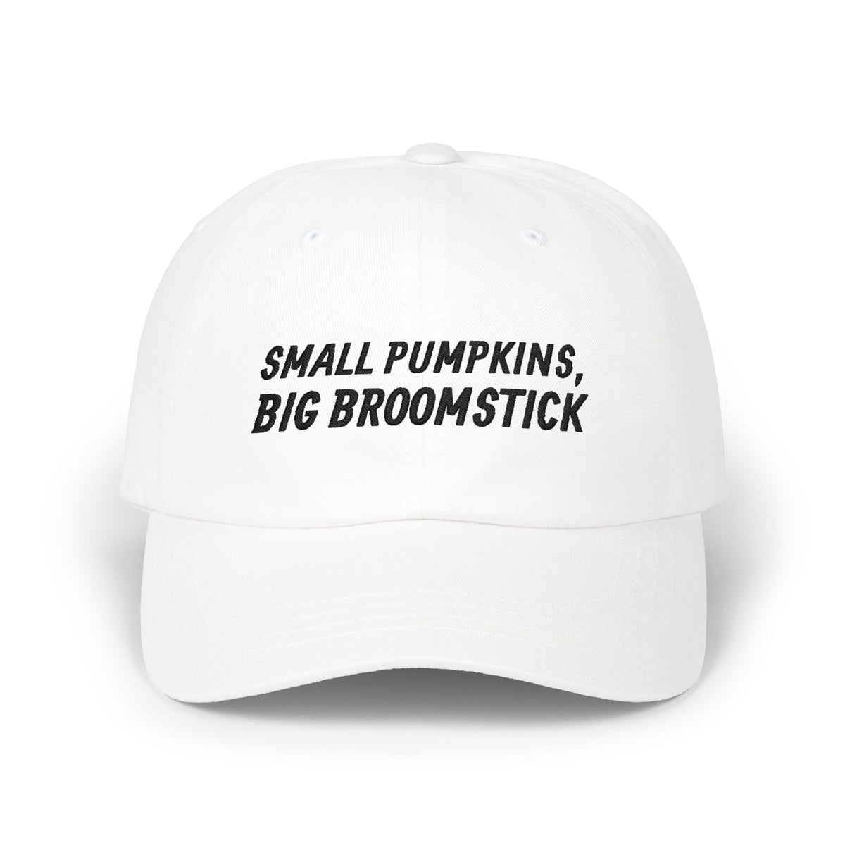 Small Pumpkins Big Broomstick Dad Cap | Funny Halloween Pun Mens Humor | Embroidered Slogan Baseball Hat
