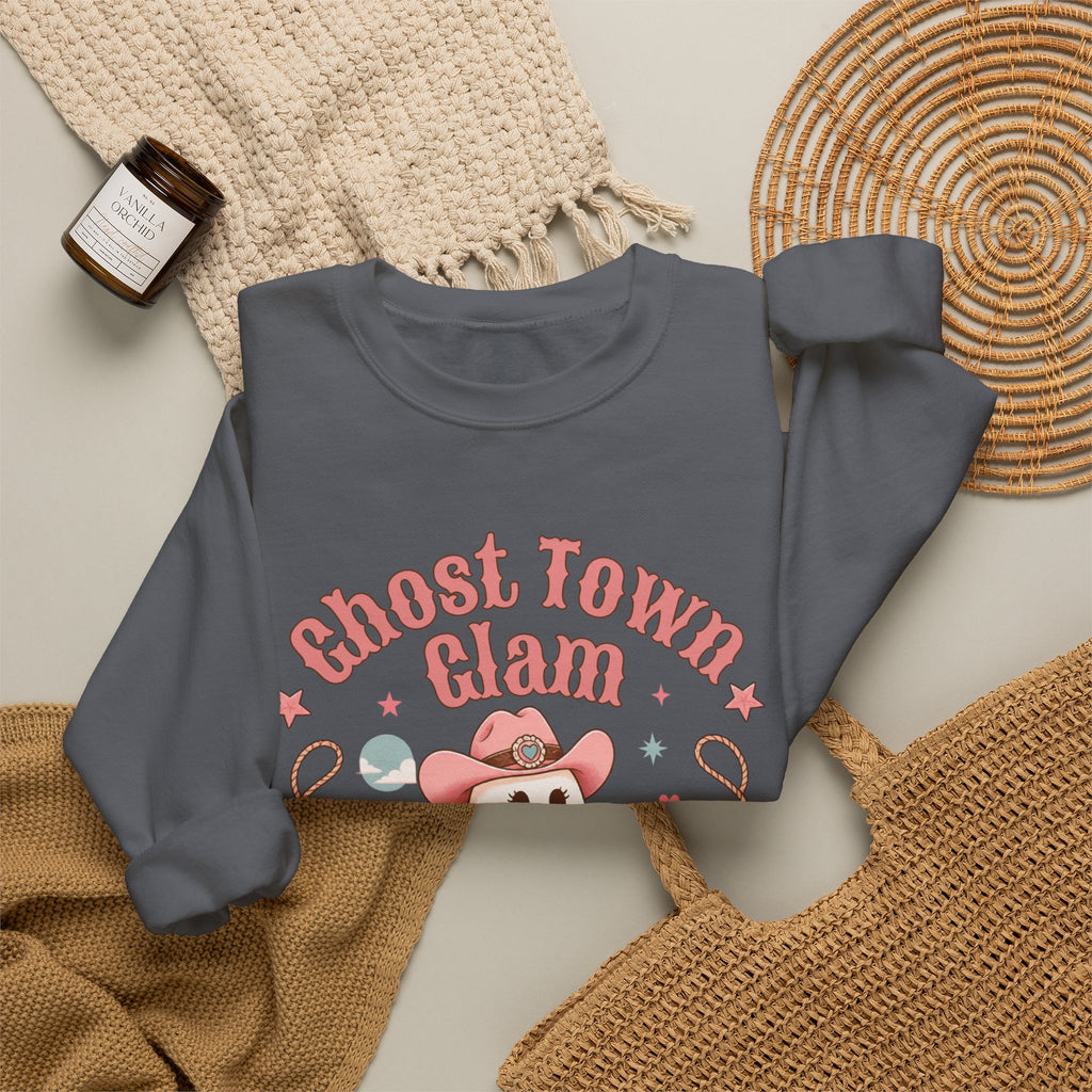 Crewneck Sweatshirt — “Ghost Town Glam” Cute Western Cowboy Cowgirl Ghost Halloween Pullover