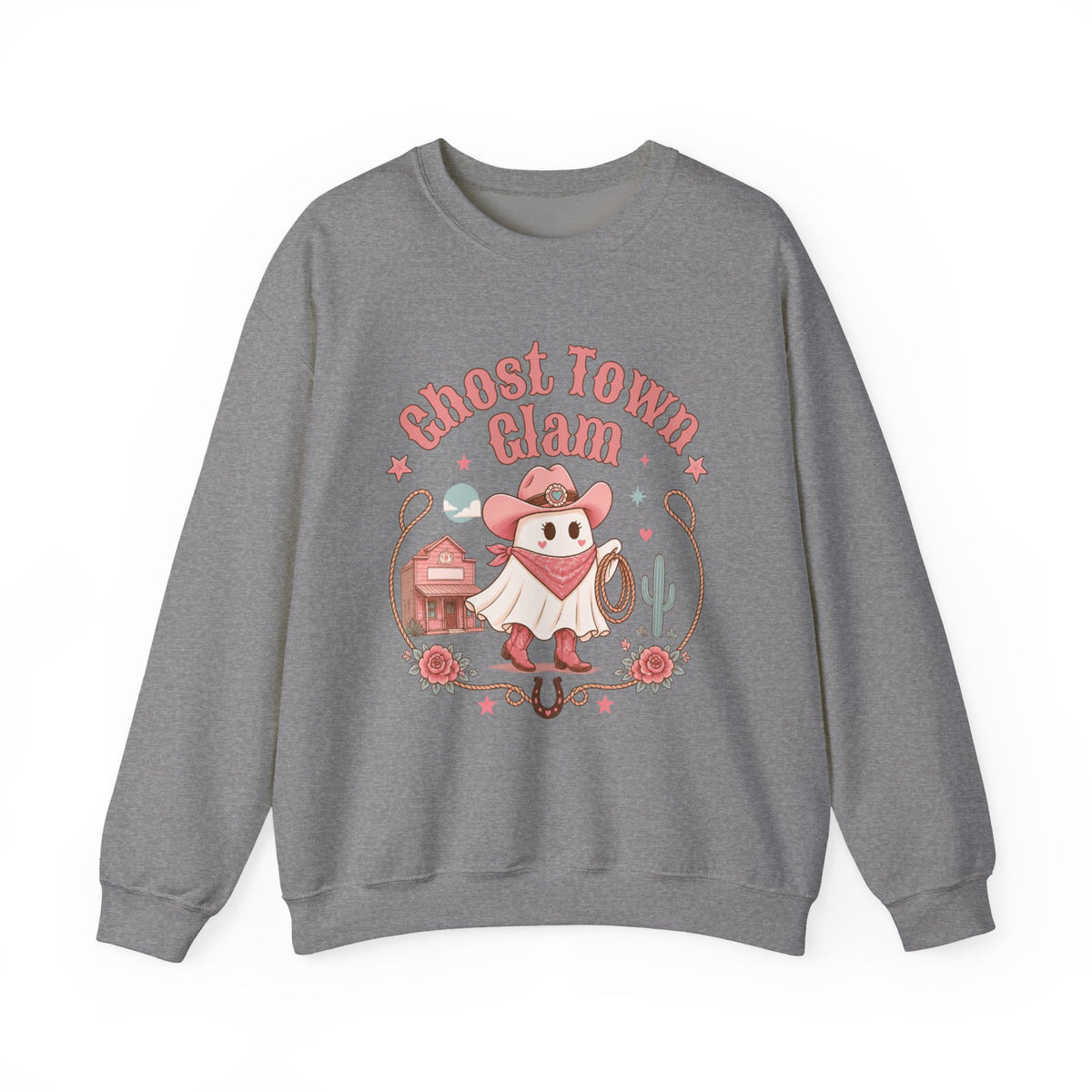 Crewneck Sweatshirt — “Ghost Town Glam” Cute Western Cowboy Cowgirl Ghost Halloween Pullover