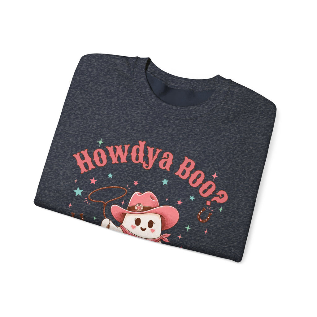 Crewneck Sweatshirt — “Howdya Boo?” Cute Western Cowboy Cowgirl Ghost Halloween Pullover