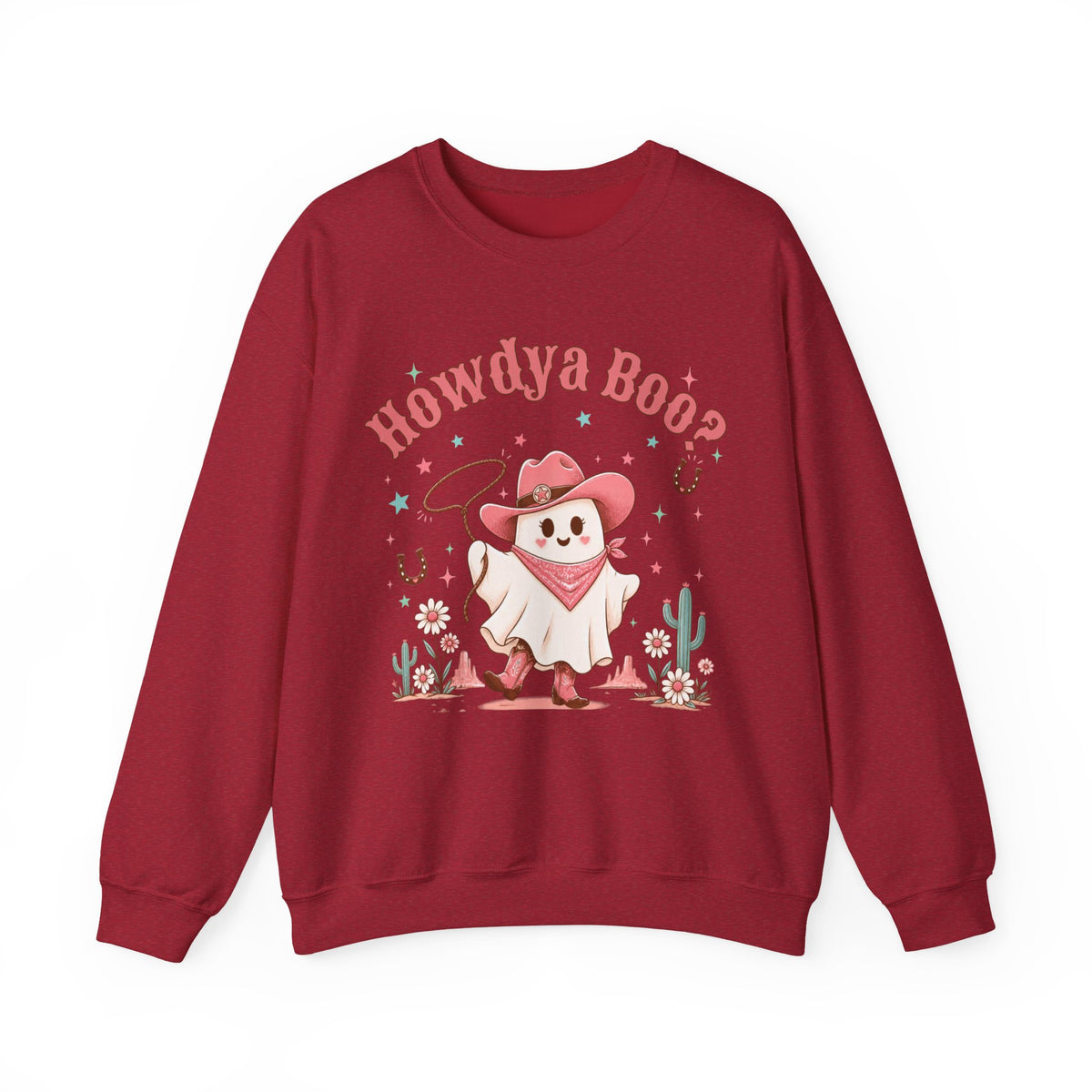 Crewneck Sweatshirt — “Howdya Boo?” Cute Western Cowboy Cowgirl Ghost Halloween Pullover
